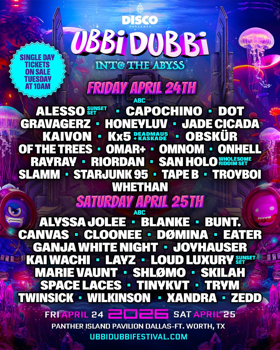 UbbidubbiFest's tweet photo. Your 2026 Lineups By Day have surfaced! 🪼 Single-Day tickets drop TOMORROW, 12/2 at 10am CT! 

⚓ Sign up for an alert when single-day tickets go on-sale: https://t.co/ideVaqQ7E6 https://t.co/EqJdGNxemh