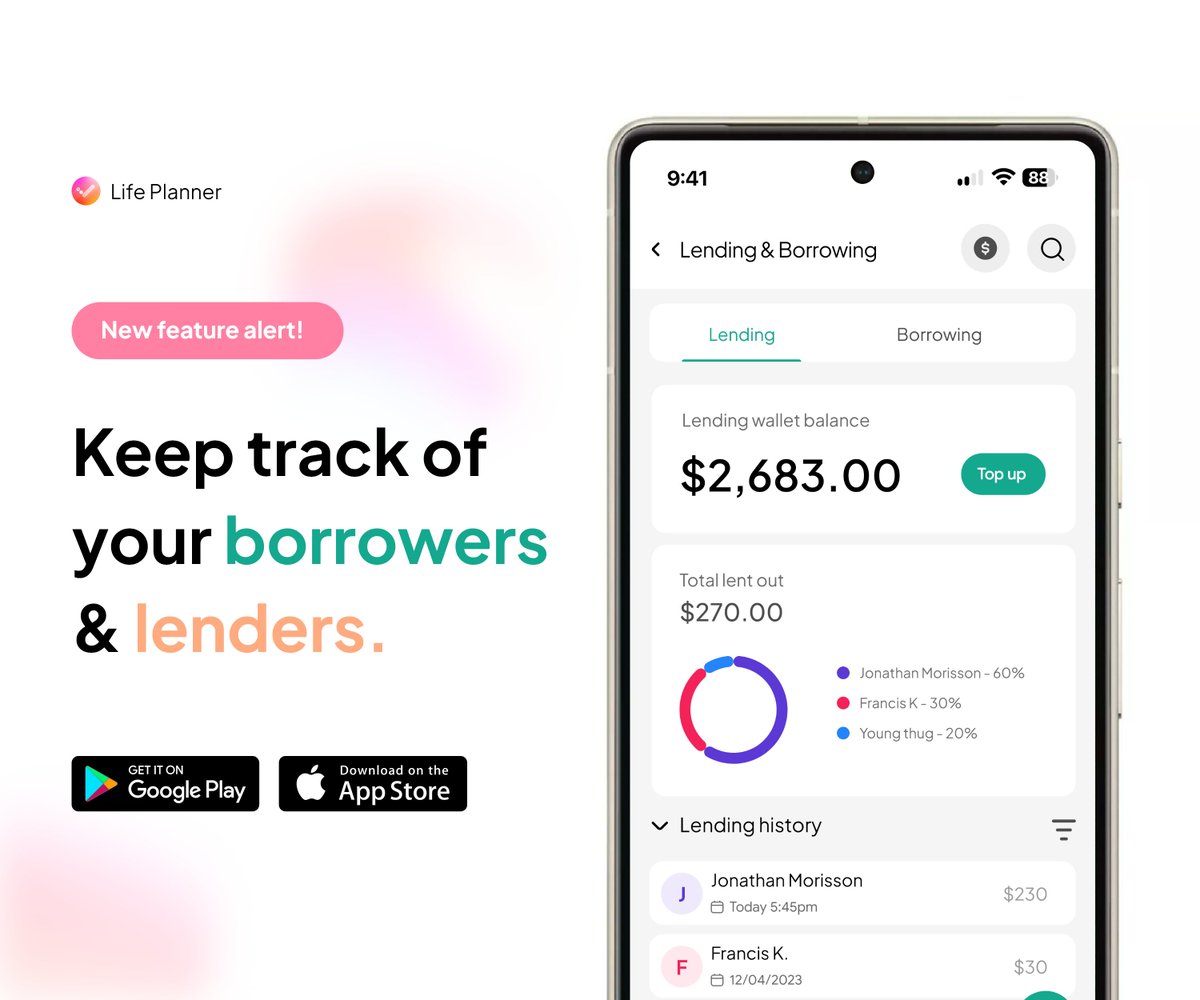 LifePlanner_co's tweet image. Keep Track of Borrowers and Lenders using Life Planner’s smart financial tools. No more forgotten loans or missed repayments, everything stays clear and organised.

📲 Get it now on Google Play thelifeplanner.co/play/x or the App Store thelifeplanner.co/apple/x