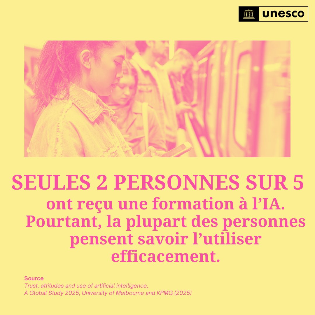La vitesse à laquelle se développe l’#IA dépasse notre capacité à nous familiariser avec elle.

Les utilisateurs surestiment de + en + leur maîtrise de l’IA, or savoir utiliser les outils numériques ne suffit pas.

L’IA peut se tromper. Restez vigilants !

unesco.org/fr/media-infor…