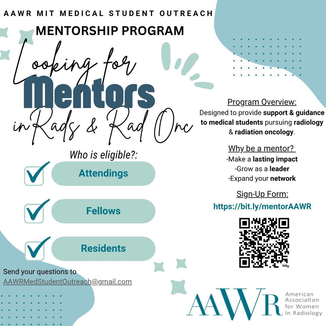 📢  𝗦𝗶𝗴𝗻 𝘂𝗽 𝗮𝘀 𝗮 𝗺𝗲𝗻𝘁𝗼𝗿 𝘁𝗼 𝗶𝗻𝘀𝗽𝗶𝗿𝗲 𝘁𝗵𝗲 𝗻𝗲𝘅𝘁 𝗴𝗲𝗻𝗲𝗿𝗮𝘁𝗶𝗼𝗻 𝗼𝗳 𝗿𝗮𝗱𝗶𝗼𝗹𝗼𝗴𝗶𝘀𝘁𝘀.

The AAWR 2026 Mentorship Program connects medical students with mentors in Diagnostic Radiology, IR, and Radiation Oncology.

bit.ly/mentorAAWR