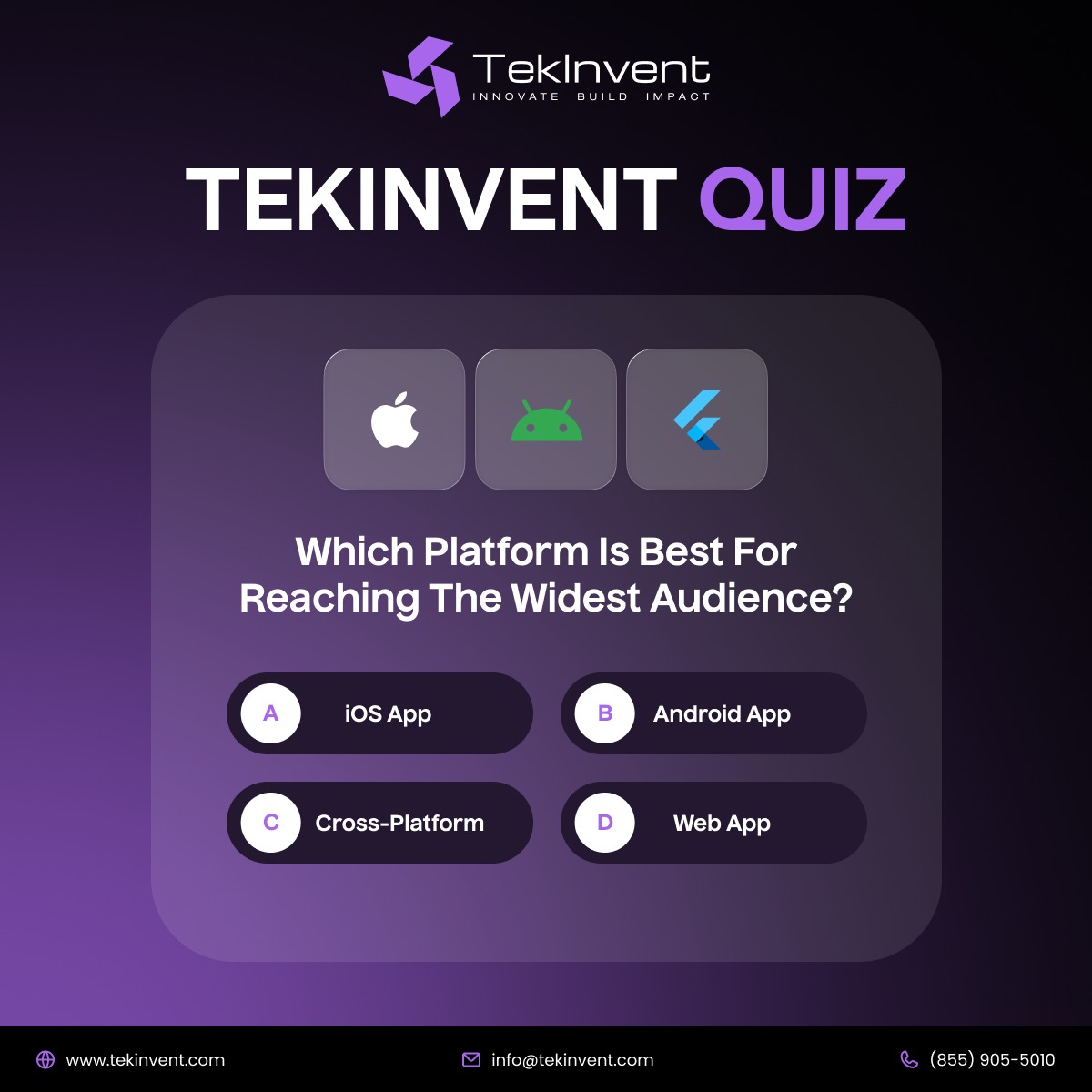 TekInvent's tweet image. Ready for a quick tech quiz? 🤓

Which platform helps you reach the widest audience — iOS, Android, or Cross-Platform? Drop your answer below! 🚀✨

[Web Development | App Development | Cross-Platform Development | TekInvent]
#TechQuiz #AppDevelopment #CrossPlatform #TekInvent