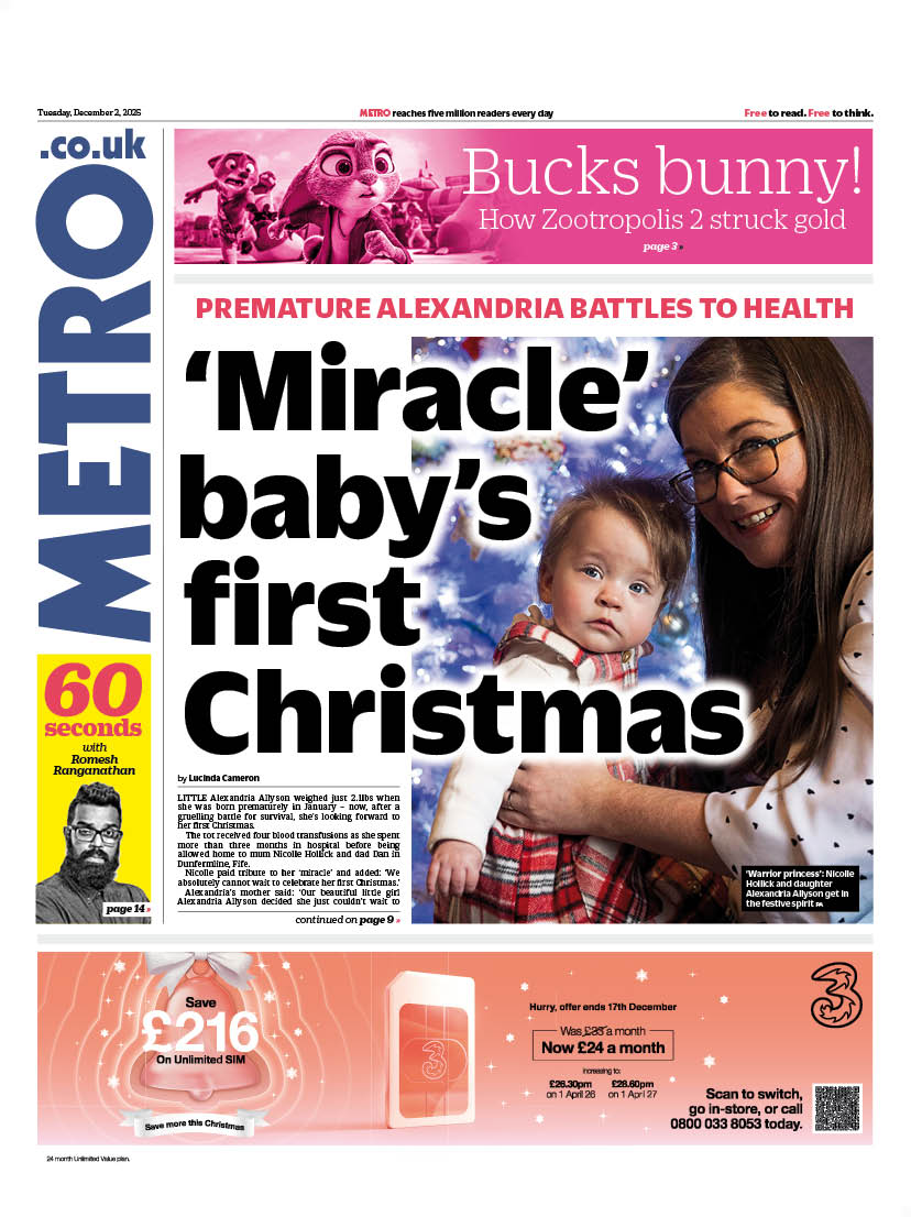 MetroScotland's tweet image. Tuesday&apos;s front page                               

‘Miracle’ baby’s first Christmas                                  

🔴Premature Alexandria battles to health   

#scotpapers #skypapers #bbcpapers