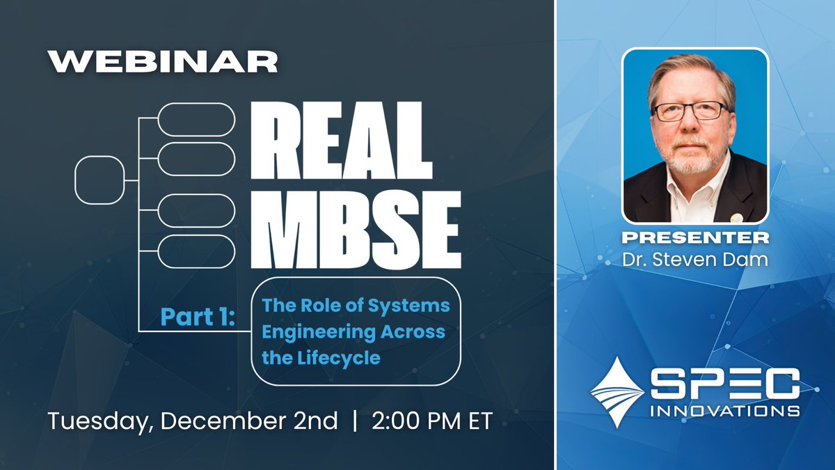 specinnovations's tweet image. Join us TOMORROW at 2 PM ET for “Real #MBSE: The Role of #SystemsEngineering Across the Lifecycle,” Part 1 of our 7-part Real MBSE webinar series.

Register now: hubs.li/Q03Wh74B0

See the full series: hubs.li/Q03Whc3_0

#DigitalEngineering #Innoslate