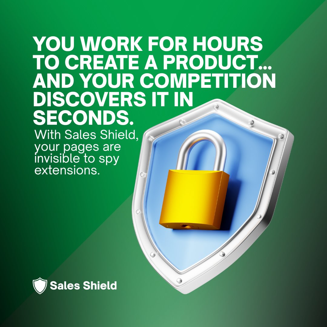 SalesShield's tweet image. You spend hours creating a product... and your competitor finds out about it in seconds. 😤
With Sales Shield, your pages are invisible to spy extensions.

#Ecommerce #DigitalSecurity #OnlineSales #DataProtection #OnlineStore #AntiSpy #EcommerceBR