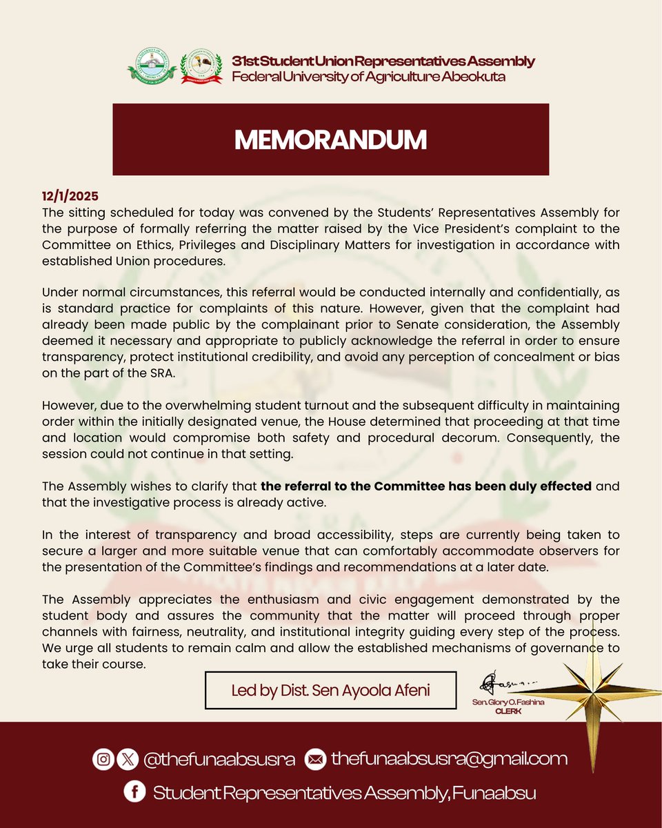TheFunaabsuSRA's tweet photo. MEMORANDUM
12/1/2025 https://t.co/9zGOwdBuQi