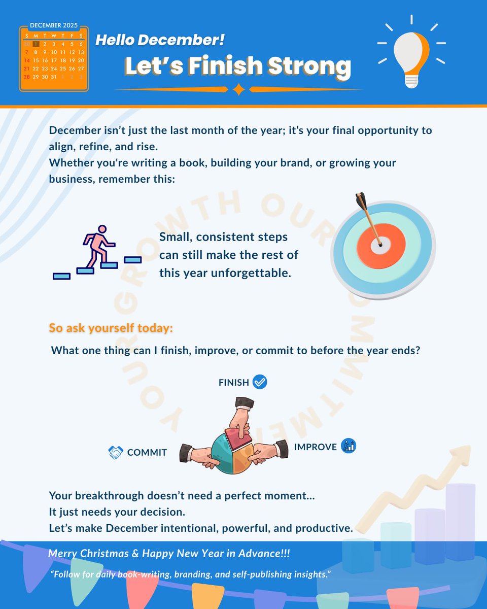 JPageRise's tweet image. December isn’t about starting over it’s about finishing what matters.
One goal. One step a day. One decision. Your book or project can be finished. 

What’s your #1 December goal?

#AmWriting #BookWritingTips #Authors #SelfPublishing #FinishStrong #BookEditor #WritingCommunity
