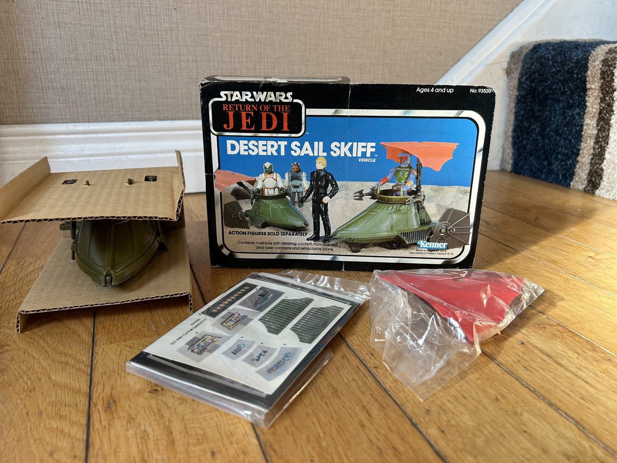 WookieeChips's tweet photo. Vintage #StarWars #Trilogo One Man Sail Skiff & the harder to find U.S. #Kenner flapped box Desert Sail Skiff (unused) 1984. https://t.co/McxqShULpj