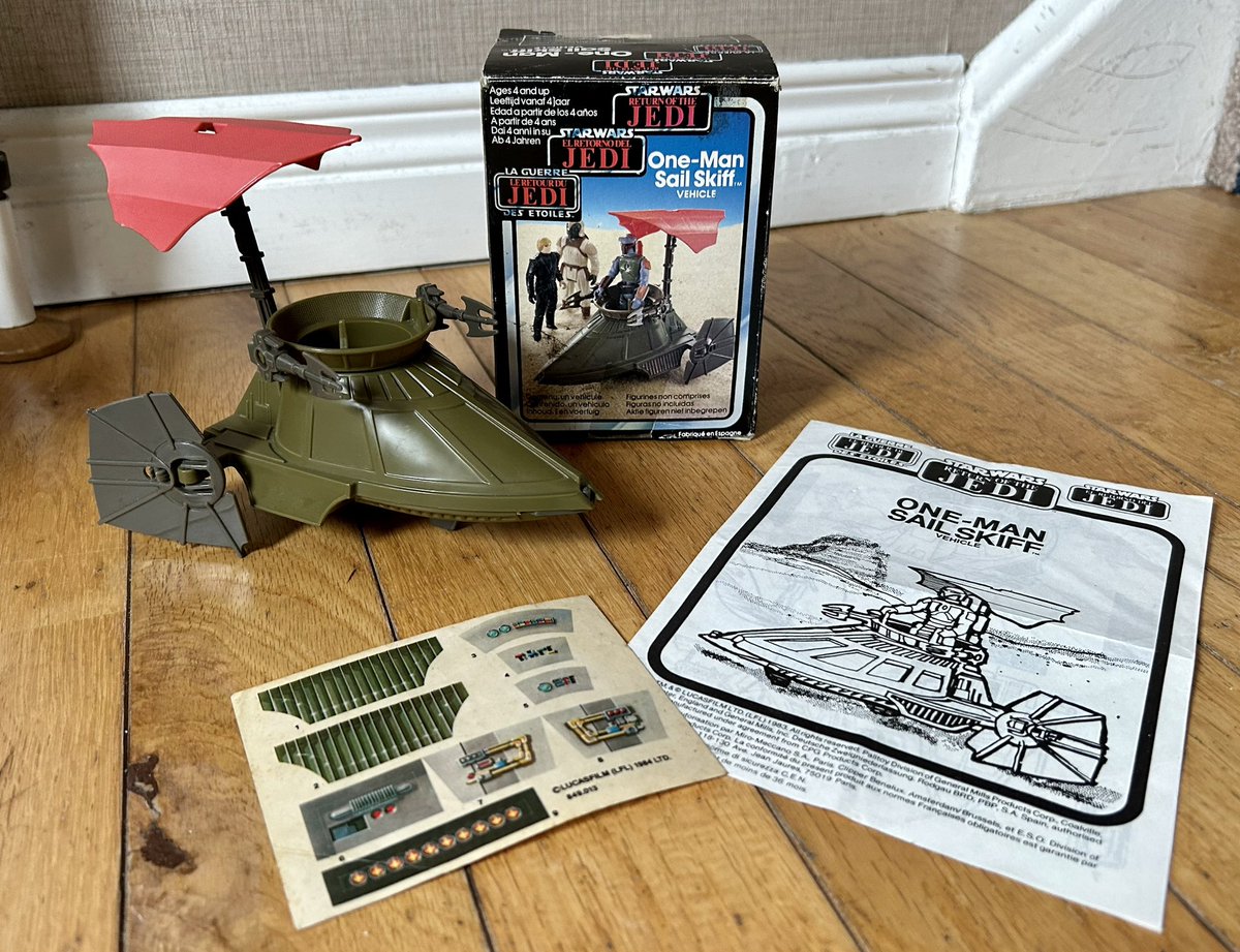 WookieeChips's tweet photo. Vintage #StarWars #Trilogo One Man Sail Skiff & the harder to find U.S. #Kenner flapped box Desert Sail Skiff (unused) 1984. https://t.co/McxqShULpj