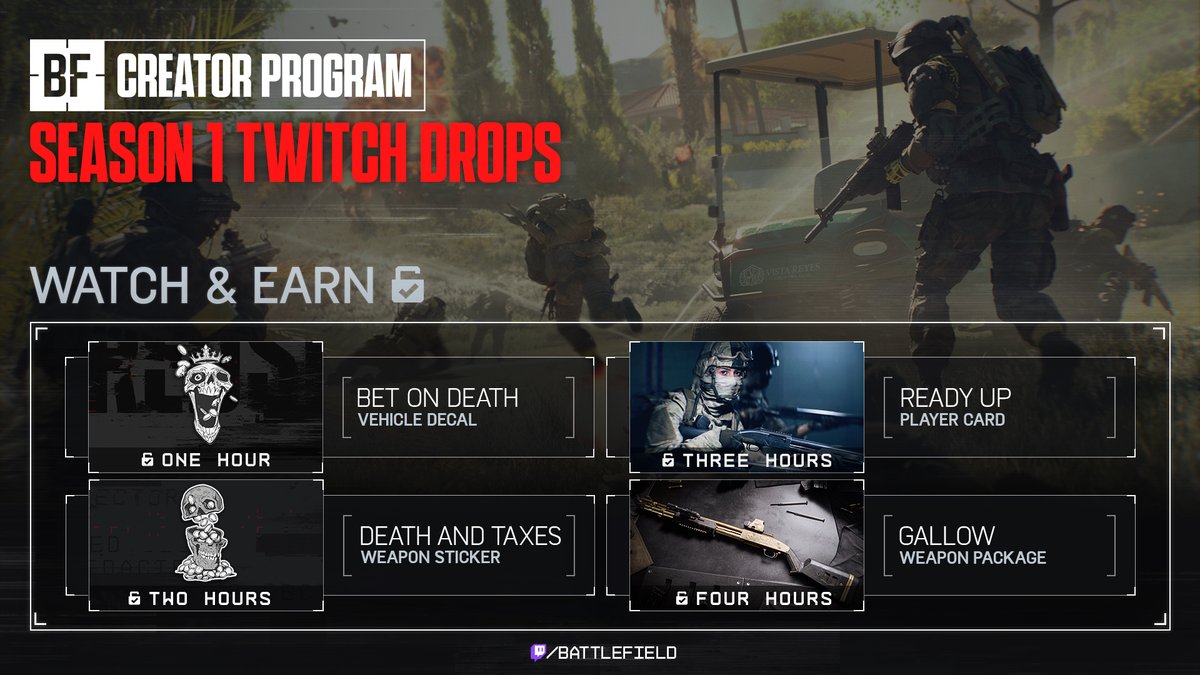 Battlefield's tweet image. Creator Program S1 Twitch Drops 👇

👥 Dec 2–3: 48-hr early access with cpt_catyyt, ncchfps, ottr, and yourbigbrothersteve
📺 Dec 4–9: live across all Battlefield streams

How to link EA &amp;amp; Twitch + details: x.ea.com/87515