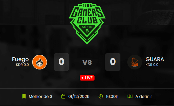 AOBA, ESTAMOS ONNN
Transmitindo a final da Série B da <a href="/GamersClubCS/">Gamers Club Counter-Strike</a> !

⏰16:00 Fuego vs <a href="/guarasports/">GUARASPORTS 🦊</a> 
🎙️<a href="/BrunoCobaia_/">Cobaia</a> &amp; <a href="/camyyfps/">cAmyy</a> 

📺twitch.tv/gamersclubcs