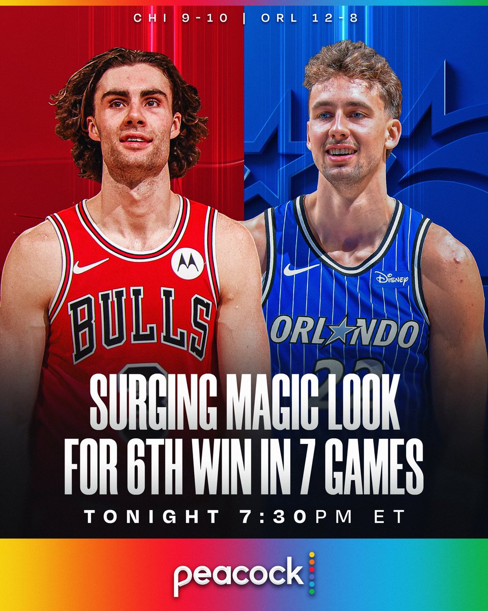 Franz Wagner (22.8 PPG, 6.4 RPG) and the surging Magic look for their 6th win in 7 games as they host Josh Giddey (20.5 PPG, 10.0 RPG, 9.3 APG) and the Bulls!

📺 7:30pm/et | Peacock 