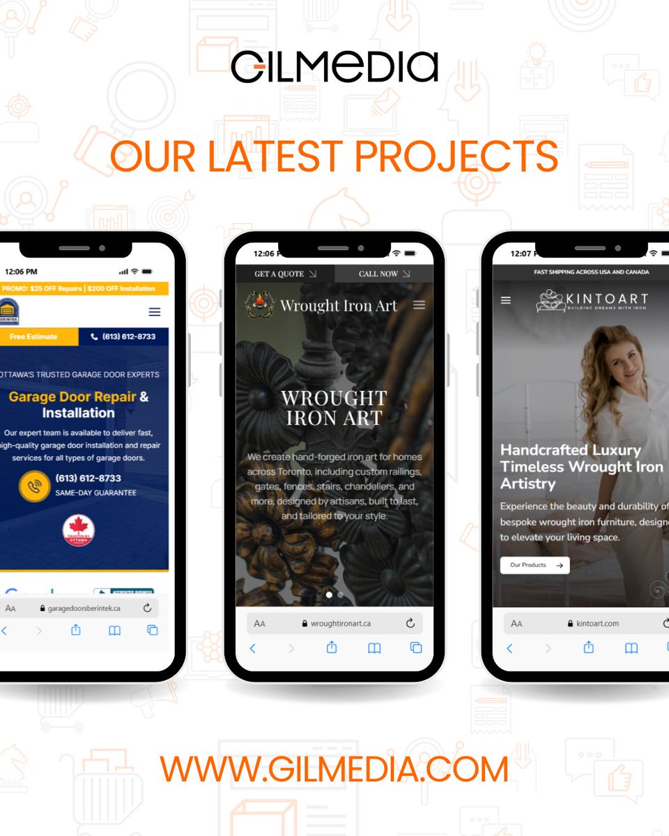 _GILMEDIA's tweet image. Three new launches, three unique sites.
From garage doors to luxury interiors, we build for every vision.
See more of our work at gilmedia.com.
.
.
.
#Gilmedia #WebDesign #NewProjects #DigitalLaunch #BusinessWebsite