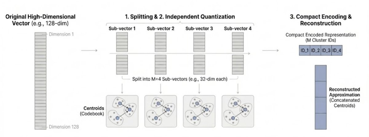 isaac_flath's tweet image. However, AI embeddings aren&apos;t single numbers; they&apos;re vectors (long lists of numbers). This is where Product Quantization (PQ), comes in. It&apos;s specifically designed to compress these vectors.

It &quot;refactors&quot; similar embeddings to reduce duplication by using k-means clustering.…