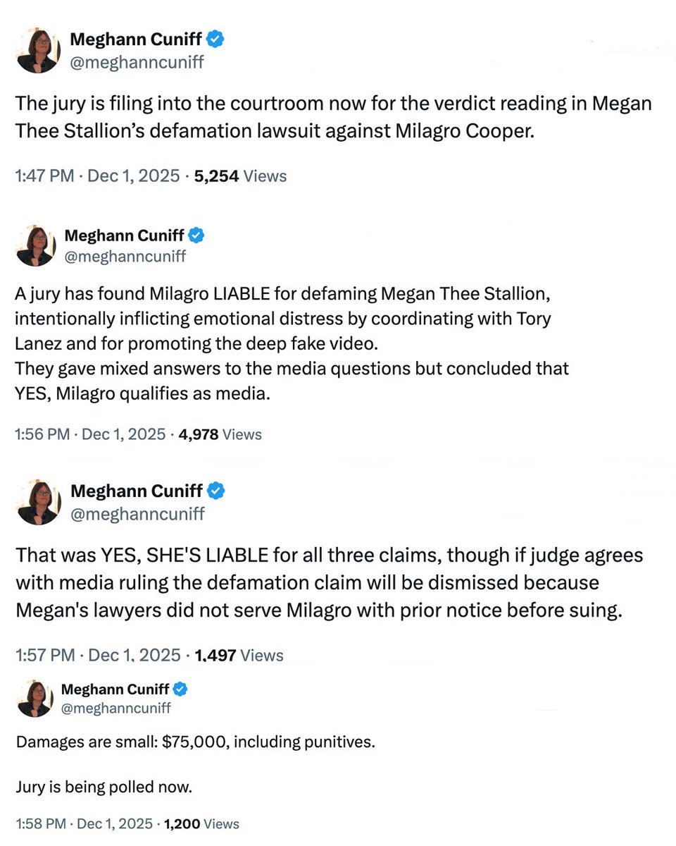 XXL's tweet photo. A verdict in Megan Thee Stallion's defamation lawsuit against blogger Milagro "Gramz" Cooper has been reached.

On Monday (Dec. 1), a jury found Milagro "Gramz" Cooper liable of defamation, promotion of an altered sexual depiction and intentional infliction of emotional distress after two days of deliberations in a federal courthouse in Miami. Legal reporter Meghann Cuniff shared the news in several tweets.

"A jury has found Milagro LIABLE for defaming Megan Thee Stallion, intentionally inflicting emotional distress by coordinating with Tory Lanez and for promoting the deep fake video," Cuniff tweeted. "They gave mixed answers to the media questions but concluded that YES, Milagro qualifies as media."

Cuniff reported that "damages are small: $75,000, including punitives."

Last Wednesday (Nov. 26), closing arguments went down. Cooper's attorney, Jeremy McLymont, brought up Cooper's upbringing, saying she took the personalities that she saw as a child and created her media persona while Megan's lawyer John O'Sullivan brought up Tory Lanez's guilt. Both sides rested their cases that day, leaving the verdict up to the jury. Prior to announcing their ruling, the jury asked multiple follow-up questions about specific exhibits and the "deep fake" video statute in Florida.

Megan sued Cooper in October of 2024, for defamation, promotion of an altered sexual depiction and intentional infliction of emotional distress. Megan accused the blogger of colluding with Tory Lanez and his father, Sonstar Peterson, to harass Megan online and discredit her claims of being shot by Tory in the summer of 2020. The defamation campaign allegedly included spreading fake rumors and sharing a fake video depicting Megan engaging in a sex act.

During the trial, Megan testified that the negativity that followed the bogus video made her feel like she didn't care whether she lived or died. Her manager, Travis Farris, also testified that the Houston rapper went to a treatment program to deal with the trauma.

Tory Lanez was not a defendant in the lawsuit. However, he was deposed for the case while in prison. The depositions turned out to be unfruitful. During the first deposition, Tory feigned ignorance about general knowledge and poked fun at Megan's attorney. As a result, he was ordered by a judge to pay Megan's attorney fees and sit for a second deposition.

During the second deposition on Nov. 14, Tory reportedly refused to answer questions and stormed out of the interview, leading to a $20,000 fine. This past January, Megan successfully got a five-year restraining order against the incarcerated rapper who was convicted of shooting her in 2022 and sentenced to 10 years in prison.