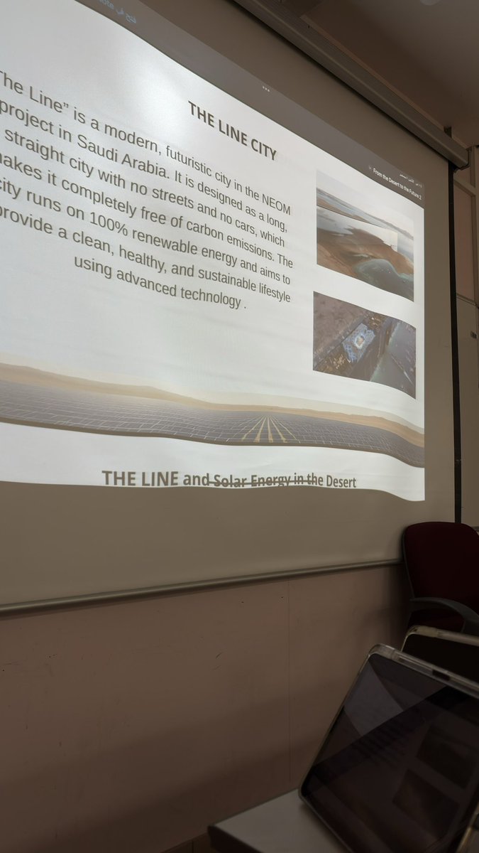 Atheer_PHTE's tweet photo. مشروعي عن دور الطاقة الشمسية في بناء مستقبل السعودية.
تحدث عن نقاط مهمه منها 
محطة سدير توفر طاقة نظيفة للشبكة، ومدينة ذا لاين مثال لمدينة مستقبلية تعمل بطاقة متجددة.
وكانت هذي المشاريع تدعم توجه المملكة نحو مدن مستدامة ضمن رؤية 2030
@taibahu 
@k_emran https://t.co/z6D00gSQzE