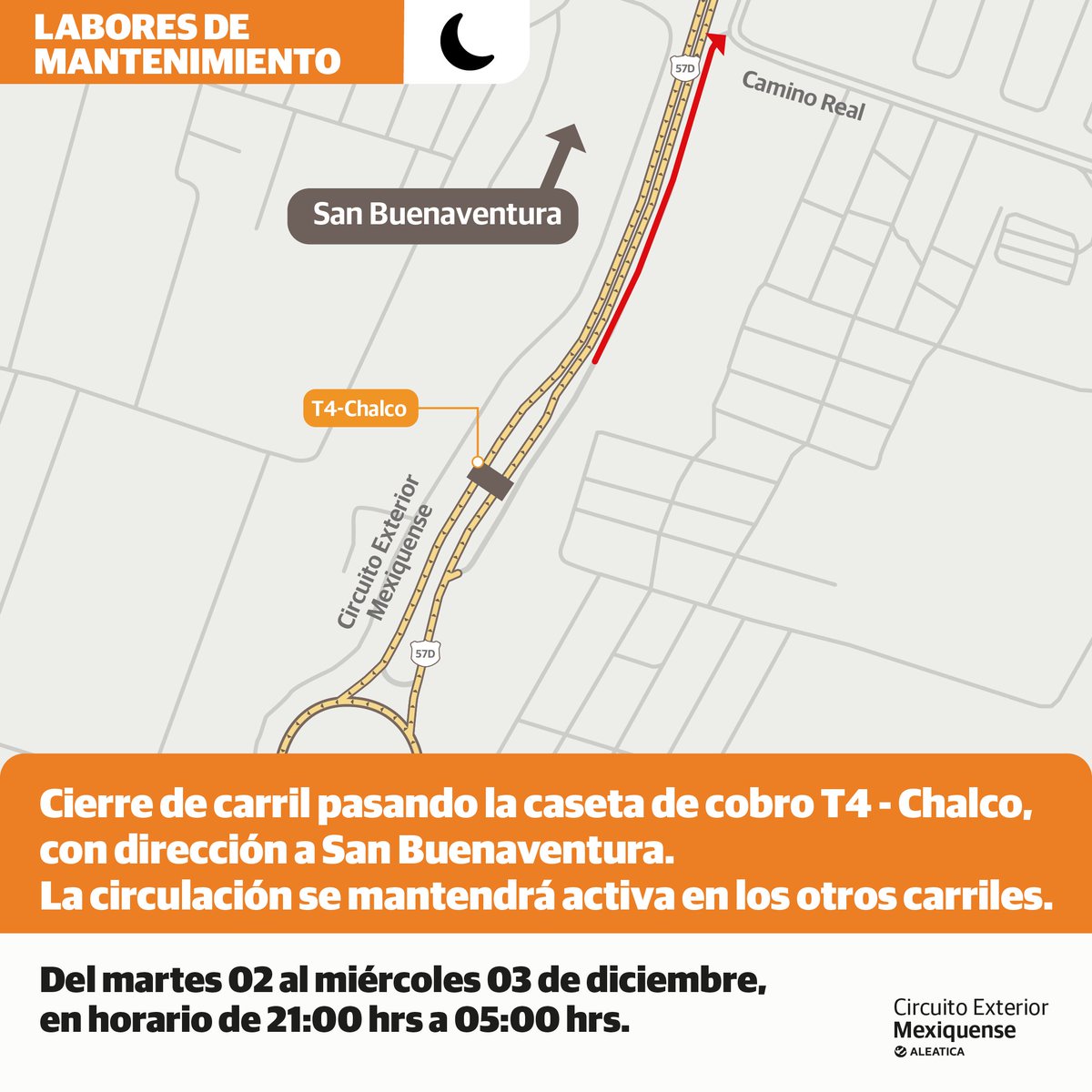 Circuito_mx's tweet image. ⛔️ ¿Eres usuario del #CircuitoExteriorMexiquense?

🚧 Cierres de carril por labores de mantenimiento cercano a la caseta de cobro T4 - Chalco, conoce todos los detalles en la imagen.

Maneja con precaución y #PlanificaTuRuta. ✔️