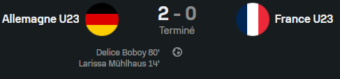 [Sélection - match amical U23]
Allemagne 🇩🇪2-0🇫🇷 France
Vicki #Becho a joué 71 minutes
Julie #Swierot a joué 80 minutes