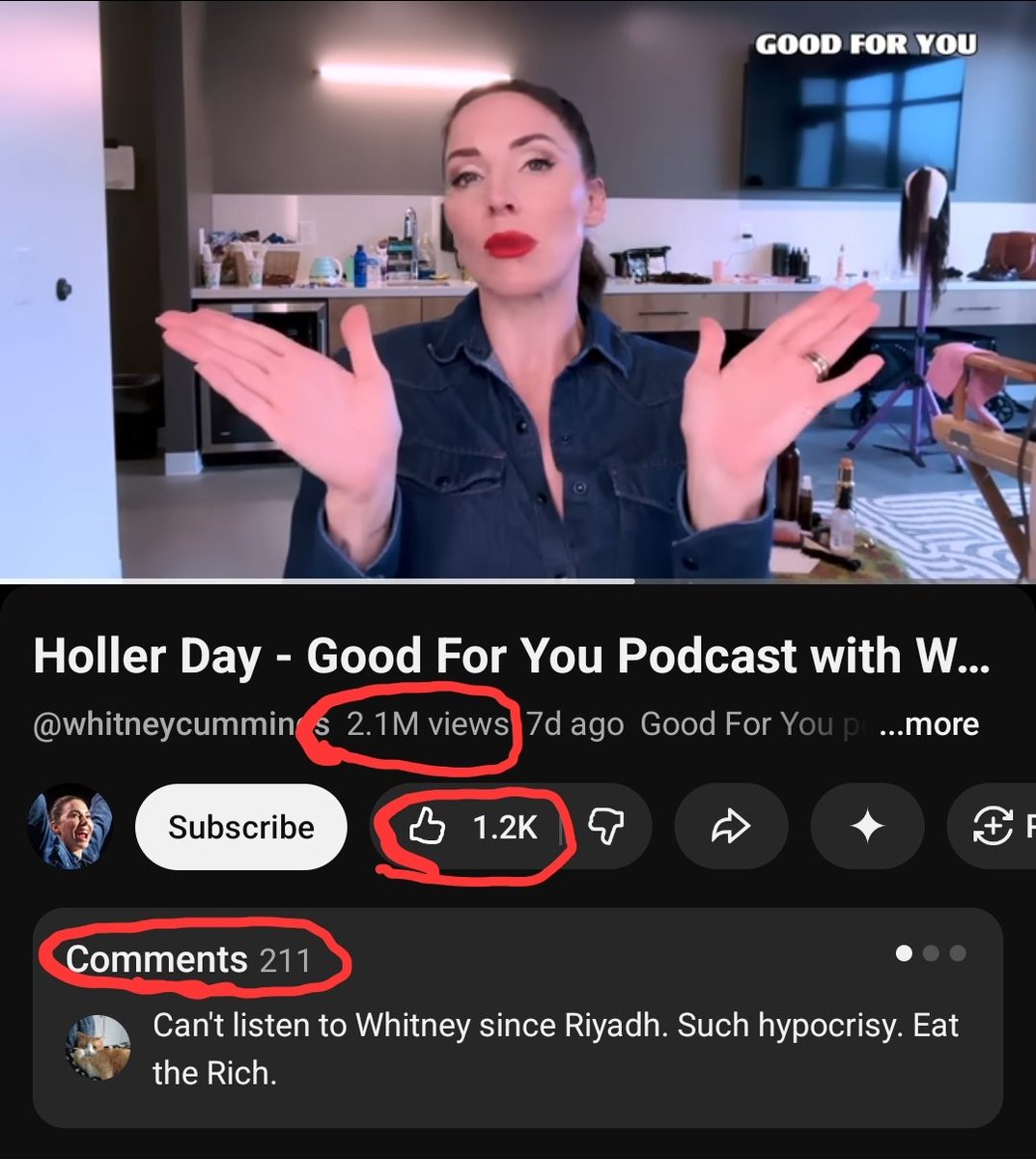 <a href="/WhitneyCummings/">Whitney Cummings</a> Congrats on your podcast consistently getting more views than Rogan while only getting 2% of the engagement. Truly an unbelievable acheivement.