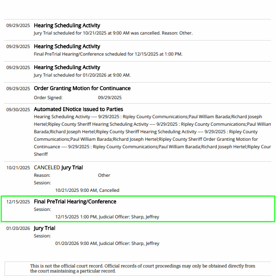 MattBlacInc's tweet image. 🚨 STATE OF #INDIANA | IN THE #RIPLEY SUPERIOR COURT, COUNTY OF RIPLEY   

CAUSE NO. 69D01-2409-F6-000108   

STATE OF INDIANA vs. #TODDCLICK

12/15/2025 | Final PreTrial Hearing/Conference
1:00pm EST Judicial Officer: Sharp, Jeffrey