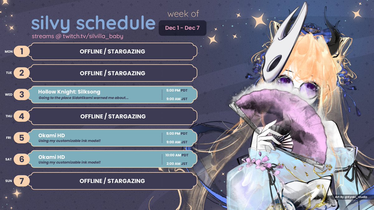 ✨Silby Schedule // Dec 1 - Dec 7 ✨

I've picked up Silksong again because I like pain! And then I'm starting Okami HD using my stunning customizable ink model 🖌️
Have a good week, everybody 🩵