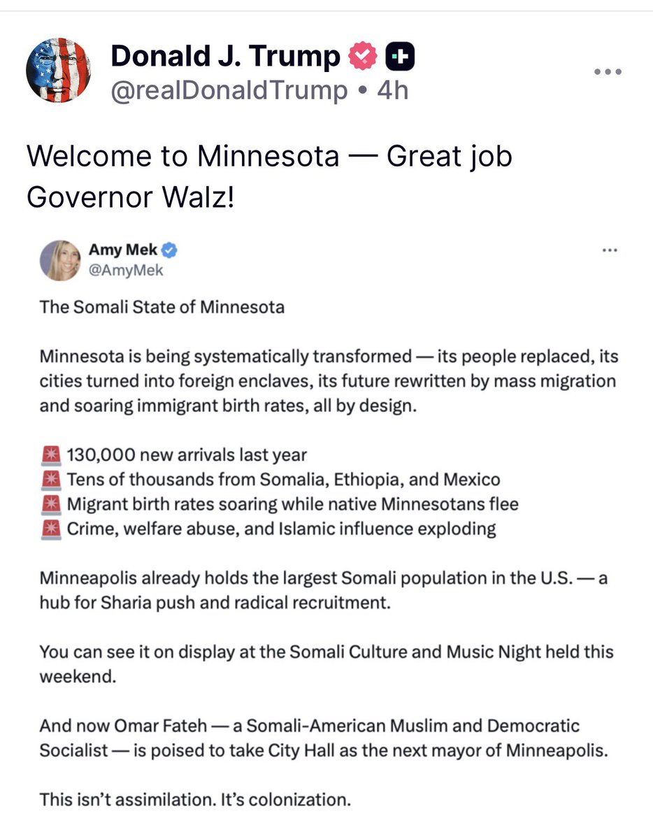 President Trump reposted <a href="/AmyMek/">Amy Mek</a> which highlights the islamic influence that’s exploding in our country! 
The Right needs to stay focused instead of being distracted by big accounts that have sold out to Qatar.