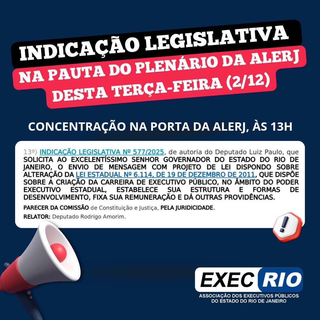 execrio's tweet image. A Indicação Legislativa nº 577/2025, de autoria do deputado Luiz Paulo Corrêa da Rocha, entrou oficialmente na pauta de votação do Plenário da Alerj desta terça-feira (2/12). Vamos à luta!