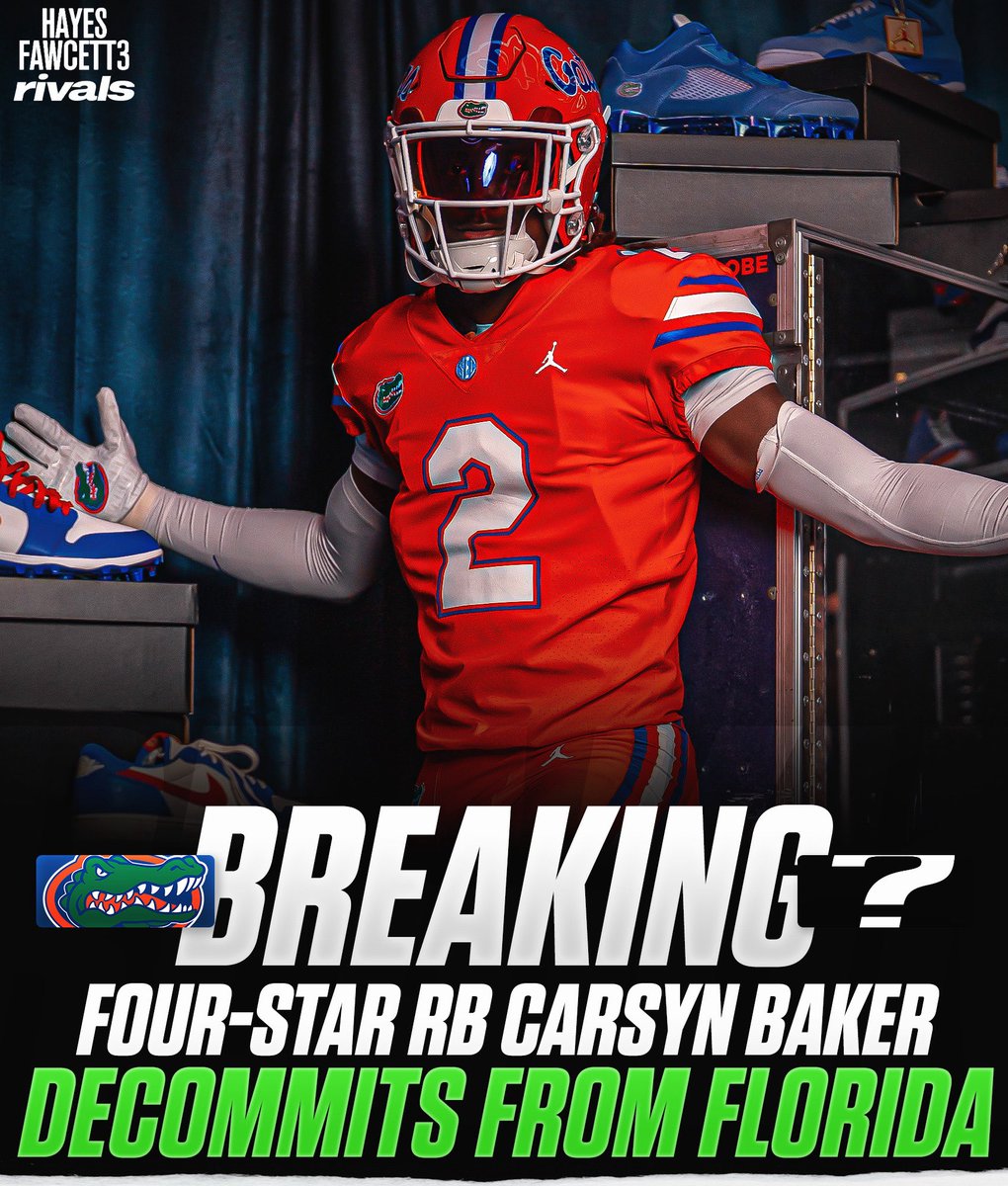 Hayesfawcett3's tweet image. BREAKING: Four-Star RB Carsyn Baker has Decommitted from Florida, he tells me for @rivals

The 6’2 200 RB from Fairburn, GA had been Committed to the Gators since June

on3.com/rivals/carsyn-…