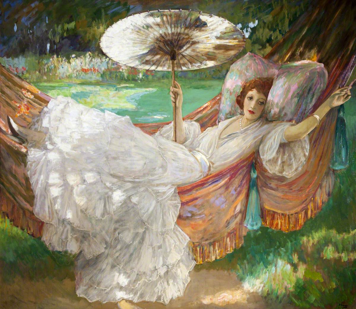 Painting at Bedtime.
The Red Hammock.
Sir John Lavery.

This is the life. Artist's model Lillian Millar poses in a capacious hammock with a huge pillow and a parasol. Lavery often painted images of middle class women relaxing in a variety of situations.