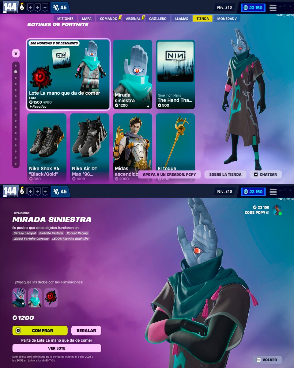 ¡NUEVO LOTE YA DISPONIBLE!

- Lote: 1.500 pavos.
- Skin Mirada Siniestra: 1.200 pavos.
- Canción The Hand That Feeds de Nine Inch Nails: 500 pavos.

📆 Disponible hasta el 5/6 de diciembre.

Si te gusta mi contenido, usa el código ‘PCPY’ en la tienda, gracias ❤️ #ad

#Fortnite