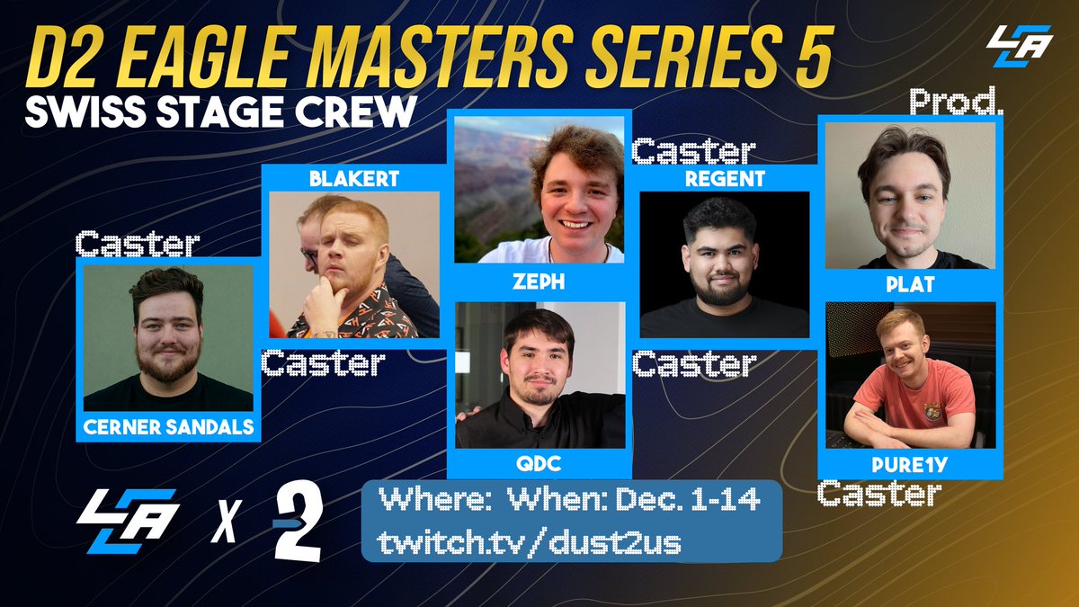Its <a href="/dust2us/">Dust2.us</a> Eagle Masters Series 5 time!! 👀

Before it gets started we have our lineup for the Swiss Stage!

📹: <a href="/platerko/">michrael 🇵🇸</a> 
🎤 <a href="/cernersandals/">Conner Rhodes</a>
🎤 <a href="/blakert_cs/">blakert</a>
🎤 <a href="/zephcasts/">ZePh</a>
🎤 <a href="/QuantumDeathCat/">QuantumDeathCat</a>
🎤 <a href="/RegentXD/">Regent</a>
🎤 <a href="/pure1y/">pure1y</a> 

Tune into the action starting tonight at 8PM EST!