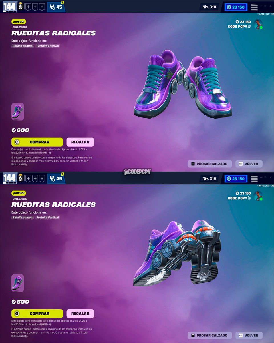 ¡NUEVO CALZADO “RUEDITAS RADICALES” YA DISPONIBLE EN FORTNITE!

💰Precio: 600 pavos.

📆 Disponible hasta el 4 de diciembre en América (5 en Europa).

Si te gusta mi contenido, usa el código ‘PCPY’ en la tienda, gracias ❤️ #ad

#Fortnite