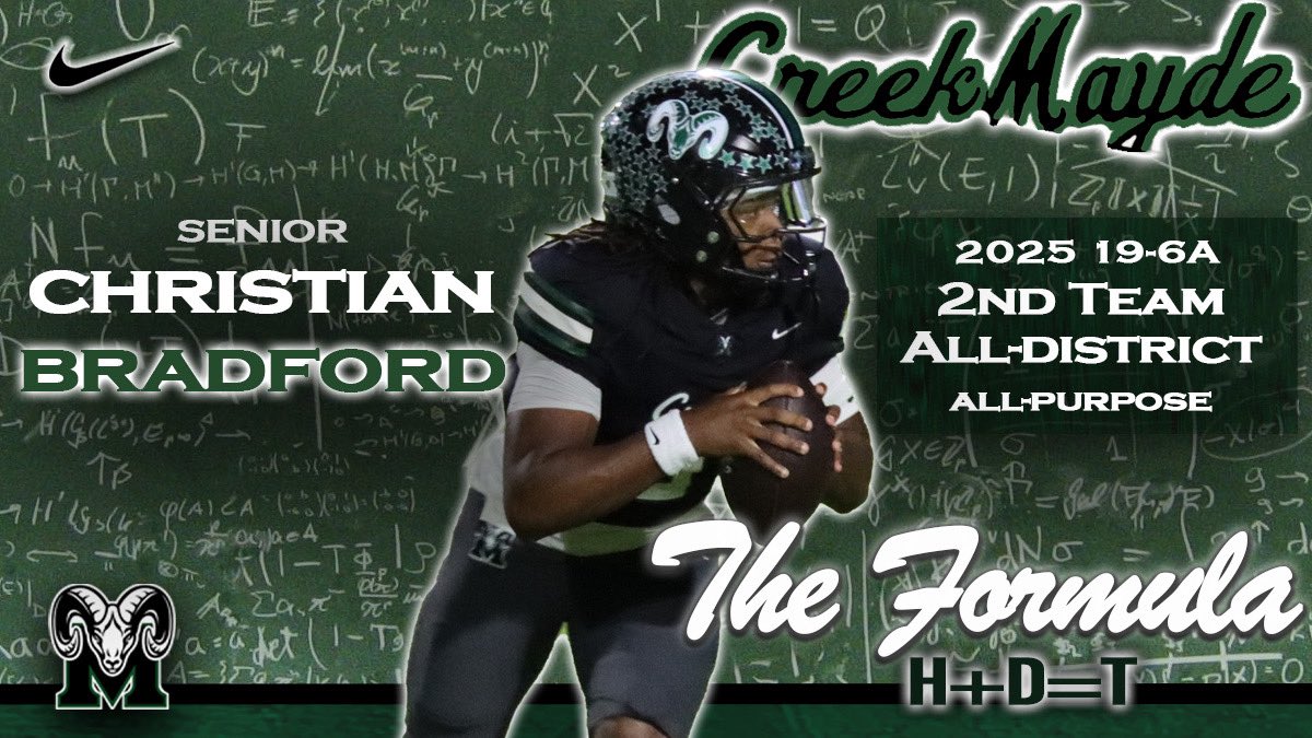 Congratulations to <a href="/ChristianBrad2k/">Christian “CB” Bradford</a> on his selection to the 19-6A All-District 2nd Team as an offensive all-purpose player!!

He played QB, RB, FB, and WR. Whatever the team needed he did it and he did it with heart and undeniable determination like no other!!

#WeAre #CreekMayde