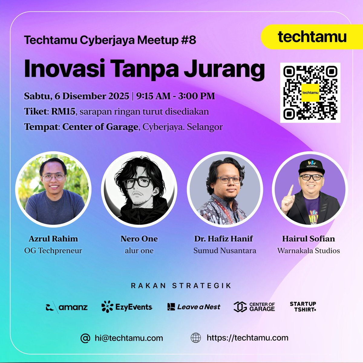 techtamus's tweet image. Tinggal 4 hari sebelum Cyberjaya Meetup #8, menampilkan empat speaker hebat dari studio animasi terkenal, pembangun sistem Tracker Sumud Nusantara, pereka visual &amp;amp; kod, serta senior technologist: techtamu.bcl.my/event/cyber8