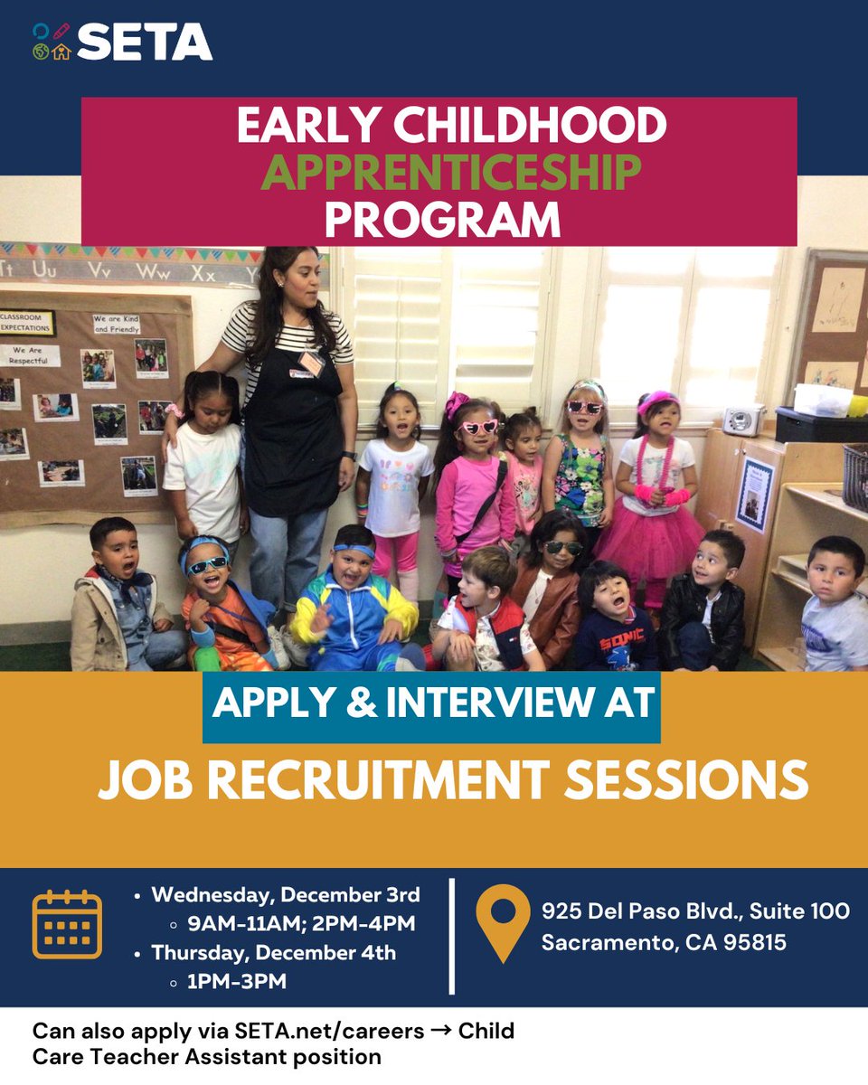 Our Job Recruitment Sessions for the Early Childhood Apprenticeship program starts this Wednesday! Apply as a Child Care Teacher Assistant via our Careers page  or apply and attend any of the Job Recruitment Sessions!

@thecityofsac <a href="/SacCountyCA/">Sacramento County</a>