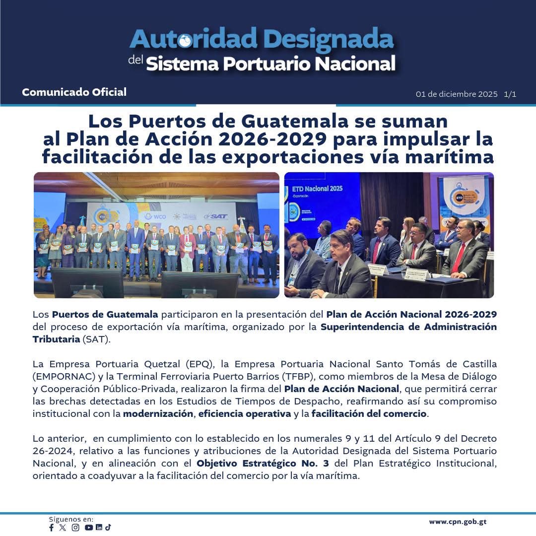 cpngobgt's tweet photo. #CPNInforma
Los Puertos de Guatemala se suman al Plan de Acción 2026-2029 para impulsar la facilitación de las exportaciones vía marítima.
Comisión Portuaria Nacional, Autoridad Designada del Sistema Portuario Nacional.🌊 https://t.co/QswbWQ2GAY