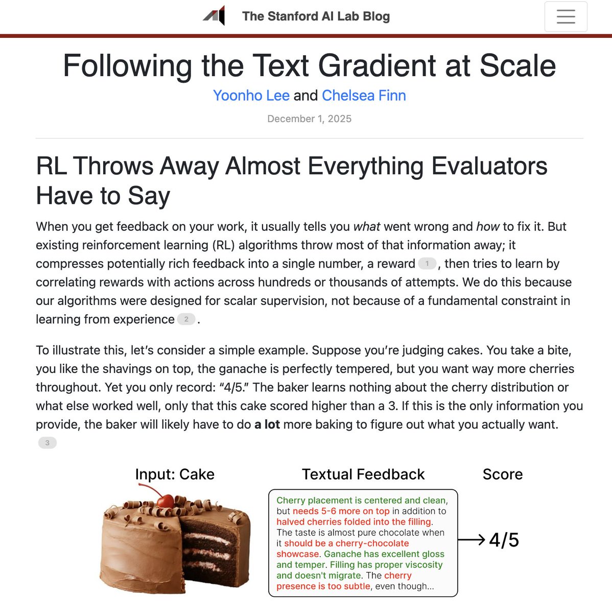 yoonholeee's tweet image. Following the Text Gradient at Scale

We wrote a @StanfordAILab blog post about the limitations of RL methods that learn solely from scalar rewards + a new method that addresses this

Blog: ai.stanford.edu/blog/feedback-…
Paper: arxiv.org/abs/2511.07919