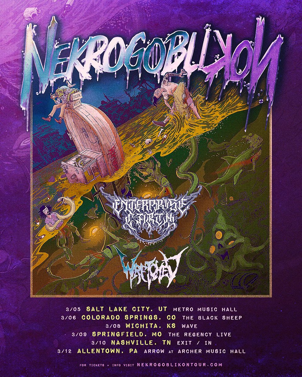 EEarthBand's tweet photo. More spring 2026 shows 🇺🇸 we’ll be ripping a handful of gigs with our pals in @Nekrogoblikon with support from Wretched on our way to meet @HA_NA_BIE_ Tickets go on sale this Friday 10am local time. https://t.co/Ce3tmN55yR