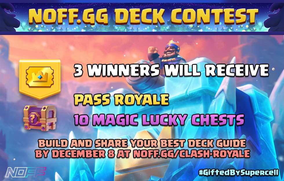 NOFF_GG's tweet image. We're having our first #ClashRoyale deck contest! Three winners will get a free Pass Royale! #GiftedBySupercell 

Read for more details here: noff.gg/news/clash-roy…