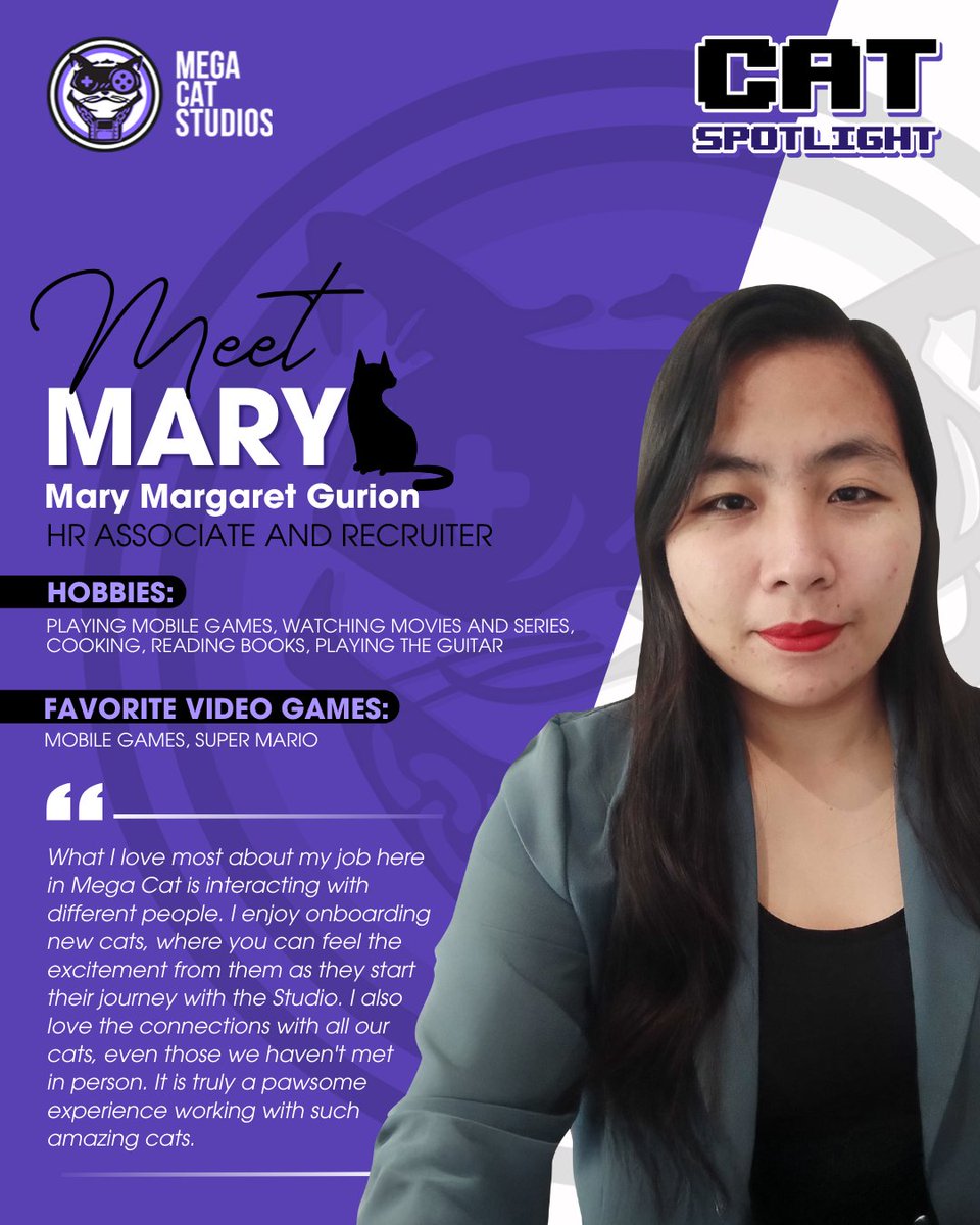 megacatstudios's tweet image. Spotlight on Mary! As our HR Associate and Recruiter, she’s one of the first friendly faces (and voices!) new Cats meet. Her passion for connecting with people and welcoming them into the Studio makes Mega Cat feel warm and truly paw-some. 💜 #CatSpotlight
