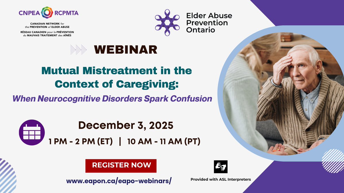 Don't miss our last webinar of 2025: Mutual Mistreatment in the Context of Caregiving - When Neurocognitive Disorders Spark Confusion, with Dr. Melanie Couture (Research Chair on Mistreatment of Older adults)
📌Dec. 3, 10 AM Pacific / 1PM Eastern
Register: us02web.zoom.us/webinar/regist…