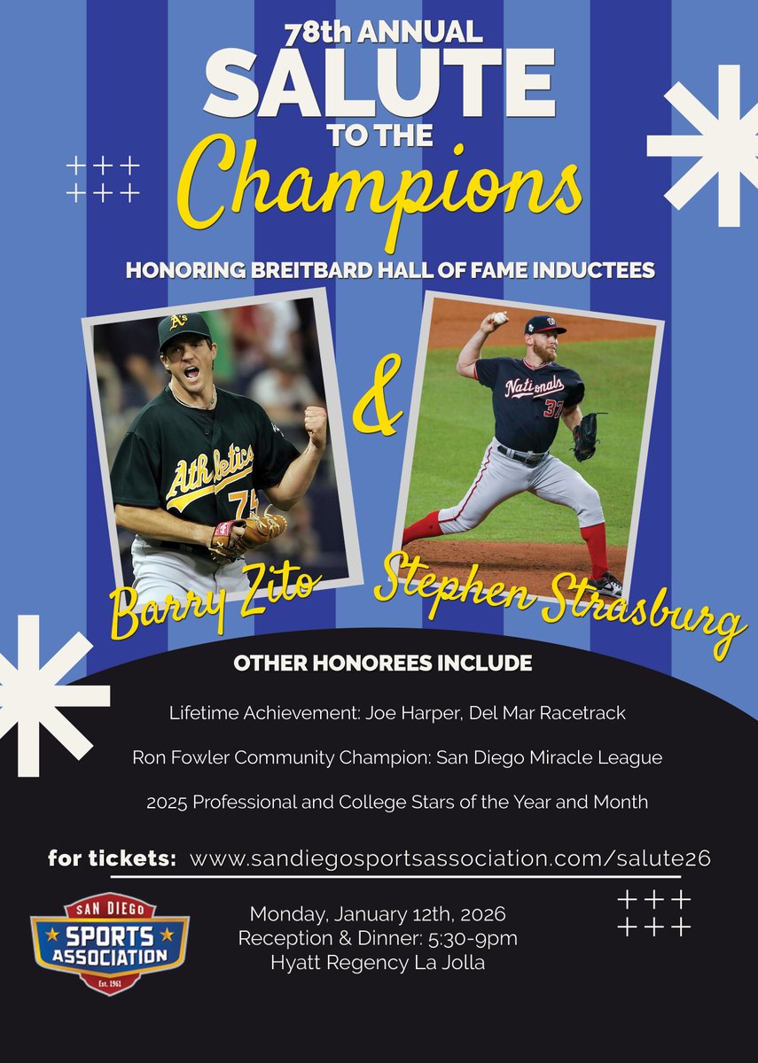 SDSportsAssn's tweet photo. The 78th annual Salute to the Champions, San Diego’s premier sports awards gala to celebrate professional, college and high school athletes is coming up on January 12th, 2026. 

For info on tickets and how you can join the fun https://t.co/BDJxEVqAEM https://t.co/e6pF687gXb