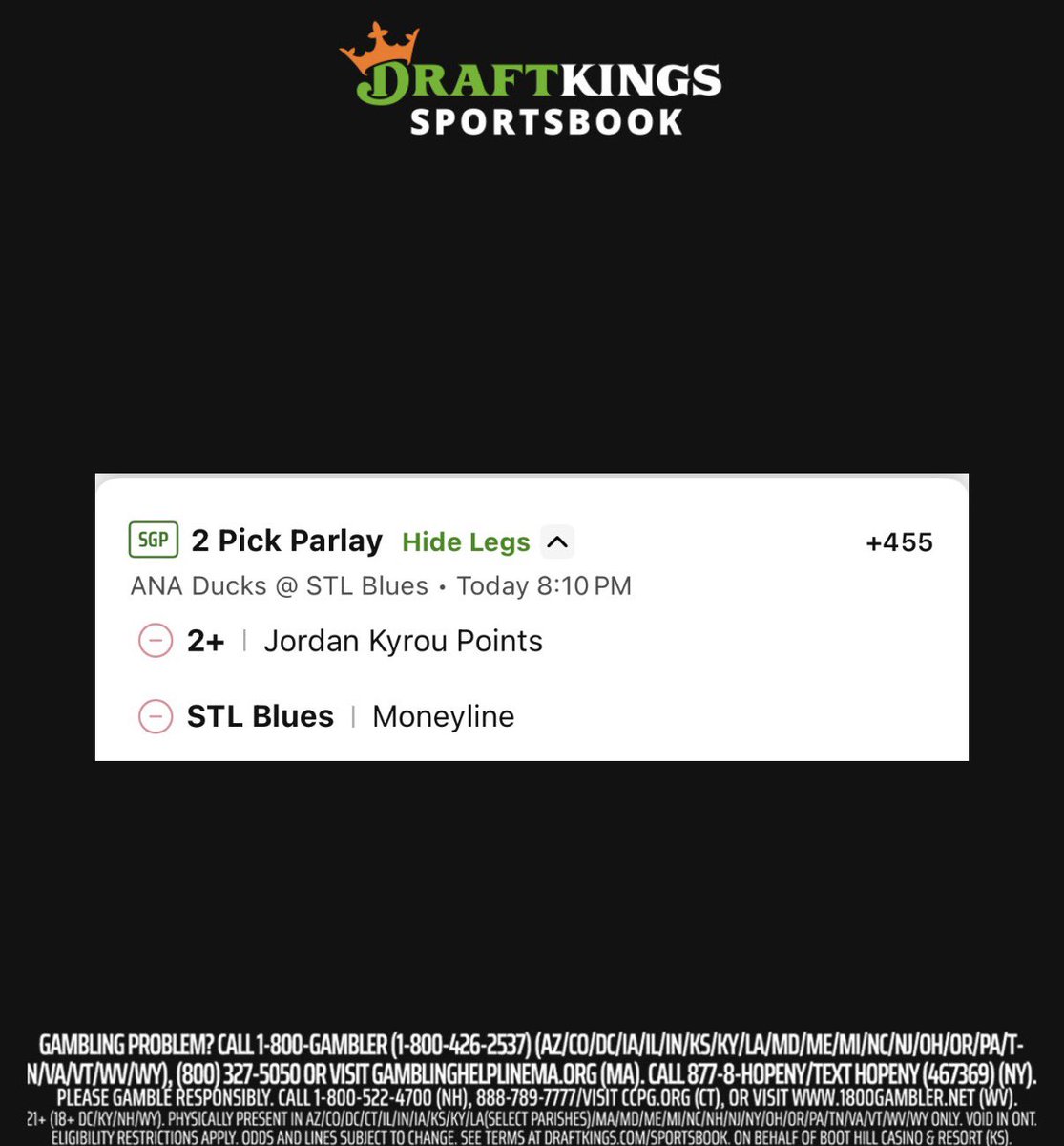 mattmurley19's tweet image. Here&apos;s my Missouri welcome to the @DKSportsbook Parlay for tonight!

#DKPartner #StlBlues 

@spittinchiclets @GameNotesBud