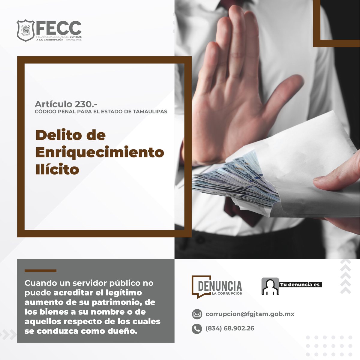 ¿Sabías que denunciar la corrupción ayuda a proteger nuestros derechos y fortalecer la confianza en las instituciones?
Haz tu parte y denuncia de forma segura y anónima:
🔗 fecc.fgjtam.gob.mx/denuncias/
📧 corrupcion@fgjtam.gob.mx
📞 (834) 689 02 26