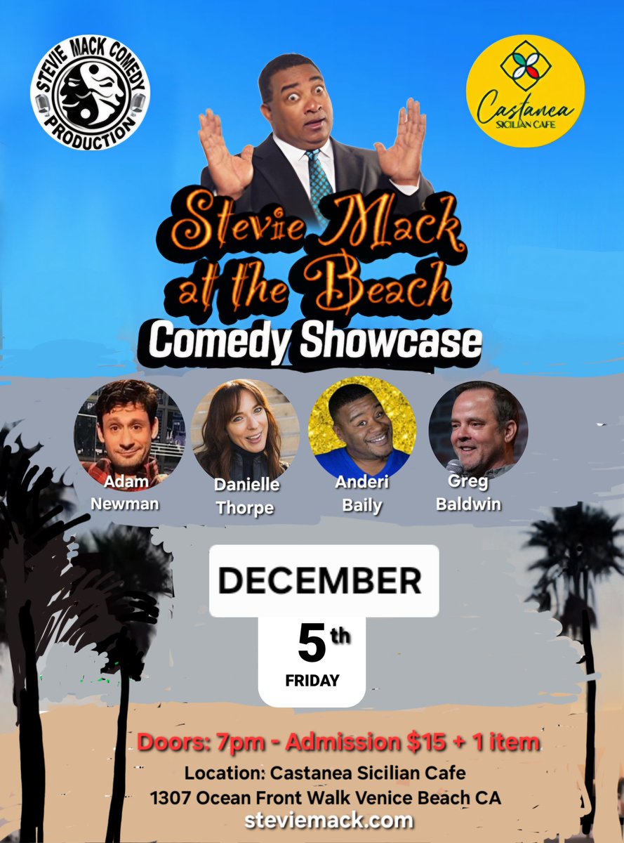 Get ready to LOL in Venice! 😂 The Stevie Mack Comedy Showcase hits Castanea Sicilian Cafe THIS FRIDAY (Dec 5th) at 7 PM. Perfect night out on the beach. 🎟️ Grab tix on Eventbrite!
#VeniceBeach