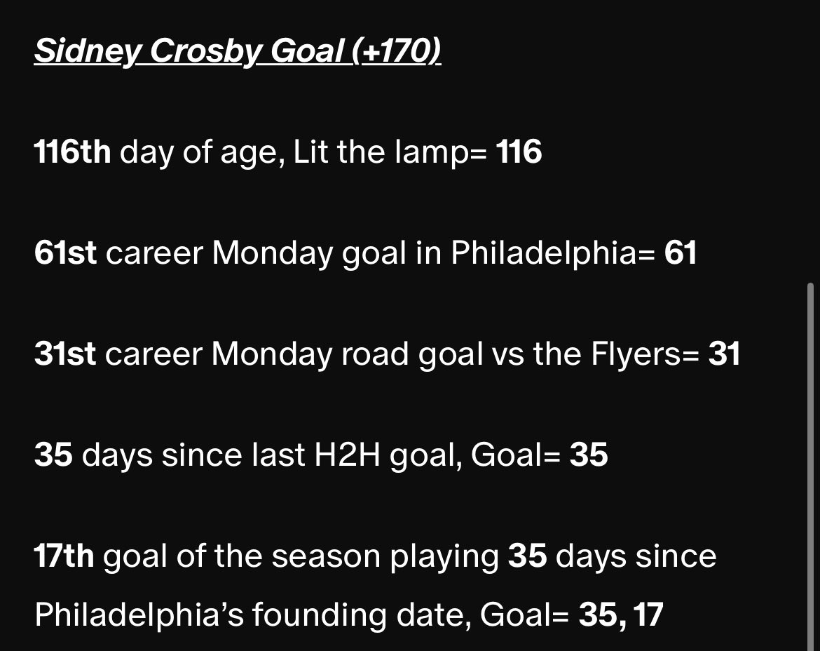 ChinMusicbets's tweet image. Crosby scores in his 116th day of age, Lit the lamp= 116 🪔 

SYDNEY CROSBY GOAL✅ +170

#gematria #nhl #pens