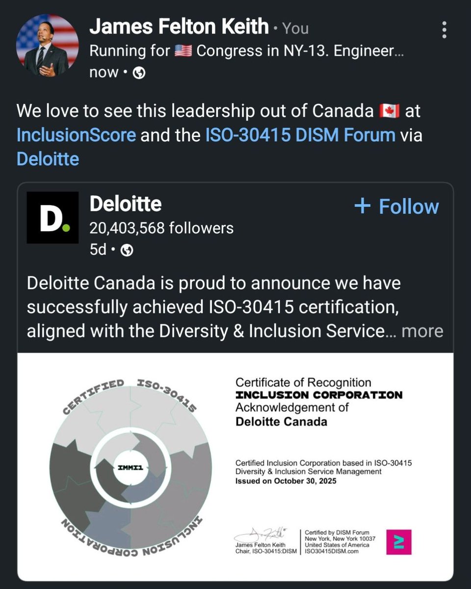 JFKii's tweet image. My company just certified @Deloitte as the 1st Global Professional Services Firm in the International DEI Standard #ISO30415. The high bar is set ✅️ #DEI is Global and it can&apos;t die! ≥

Read more from my team @InclusionScore at inclusionscore.org/post/deloitte-…