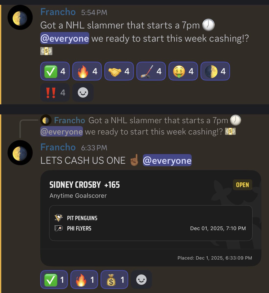 FranchiseJay1's tweet photo. VIP Starting Off The Week Cashing ๐ตโ
Got More Bangers OTW Get In Here โฌ๏ธ
๐: https://t.co/XVs2BOvfmG
#Gambling๐ #DiscordLocks #NHLPicks https://t.co/nFpqPAhHj6