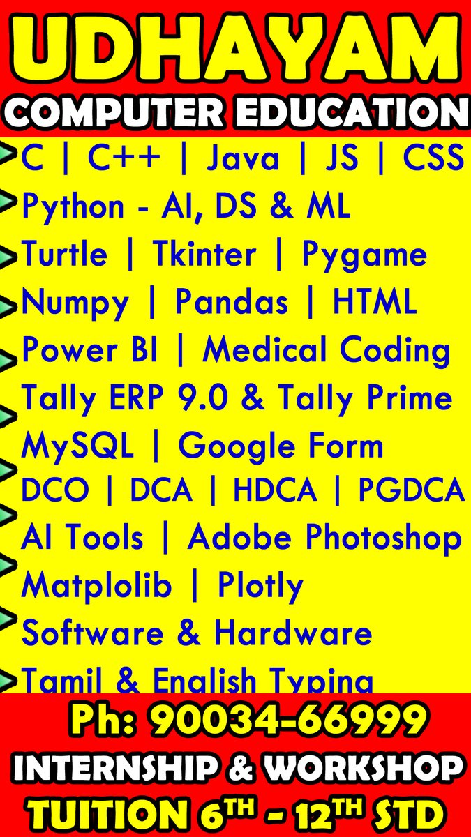 Udhayam_Academy's tweet image. UDHAYAM ACADEMY #csri #udhayamacademy #computereducation #computerteachinginstitute #collegeinternshipandworkshop #tuition #hometuition #systemsales #laptopsale #coachingcenter #aiml #programlearninginstitute #bestacademyinsalem #bestinstituteinsalem #computercenter #summercourse