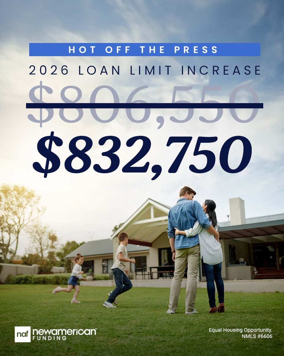 Big news for 2026! Conventional loan limits are increasing to $832,750! This means more buying power for your next home, or new refinance opportunities. Want to know how this impacts you? Comment 'loan limit to get more info!"
