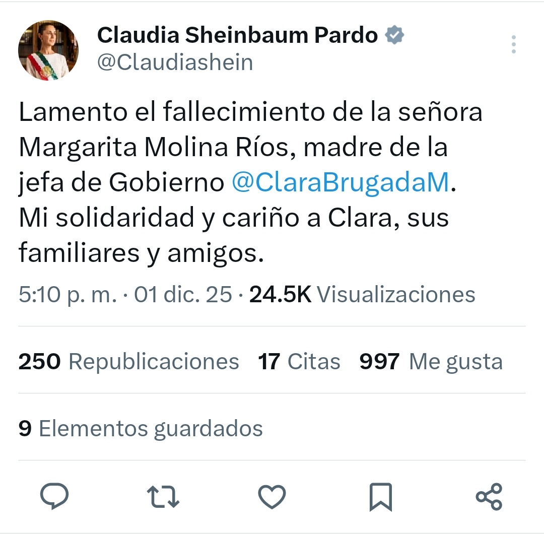#SiguiéndolelospasosalaPresidentA
Luego de que se diera a conocer el fallecimiento de la madre de la jefa de Gobierno, <a href="/ClaraBrugadaM/">Clara Brugada Molina</a>, la presidenta <a href="/Claudiashein/">Claudia Sheinbaum Pardo</a> expresó sus condolencias "con cariño".
<a href="/perspectivasmx_/">Perspectivas</a> 
<a href="/noticiasmiled/">GRUPO MILED</a>
